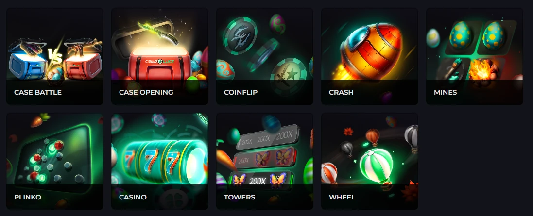 CSGOLuck game selection grid with Case Battle, Case Opening, Coinflip, Crash, Mines, Plinko, Casino, Towers, and Wheel