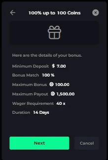 CSGOLuck 100% deposit bonus details showing $7 minimum, 100-coin max bonus, 40x wagering, and 14-day expiry