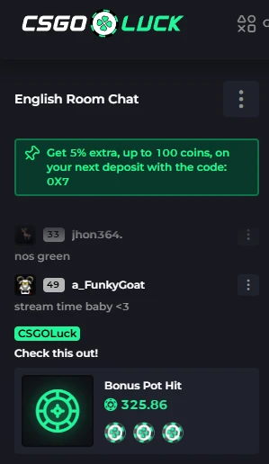 CSGOLuck chat with a pinned promo code offering 5% extra up to 100 coins and a 325.86-coin Bonus Pot Hit