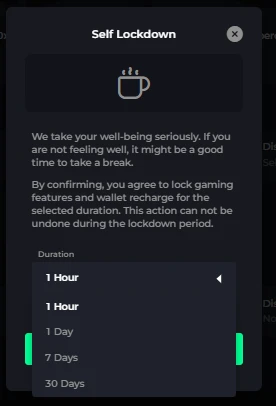 CSGOLuck Self Lockdown responsible gambling tool with 1 hour, 1 day, 7 day, and 30 day lock options