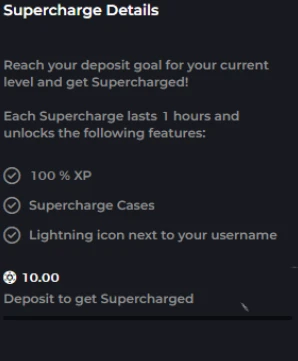 CSGOLuck Supercharge panel explaining double XP, bonus cases, and a 10-coin deposit requirement to activate