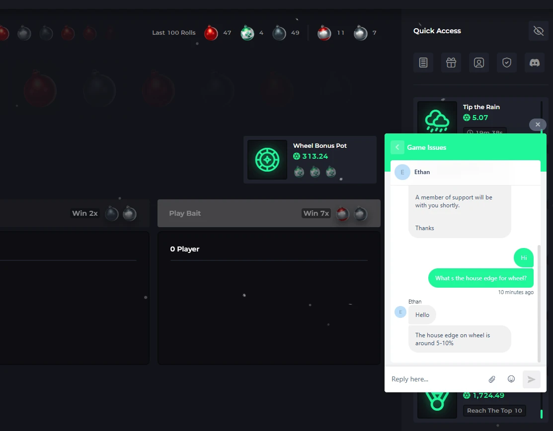 CSGOLuck live support asked about Wheel house edge, agent responds with a vague 5-10% estimate