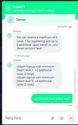 CSGOLuck support confirming welcome case tiers: 3 total at Steam level 1 and 5 total at Steam level 5