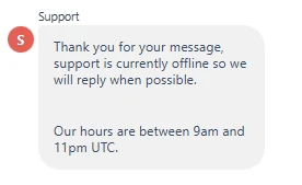 CSGOLuck support offline message showing limited availability between 9am and 11pm UTC
