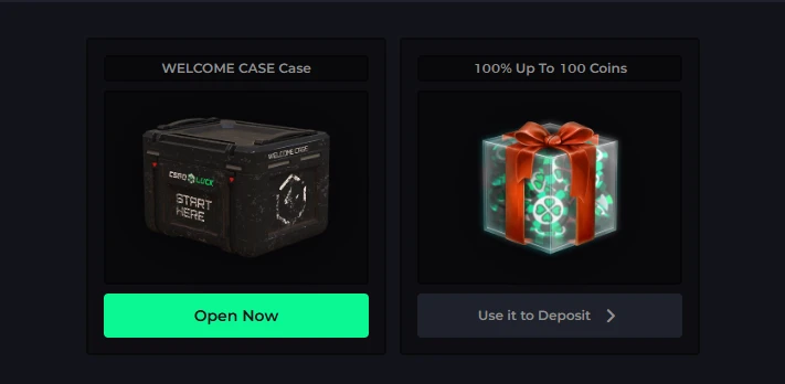 CSGOLuck welcome offer with a free case to open and a 100% deposit match up to 100 coins