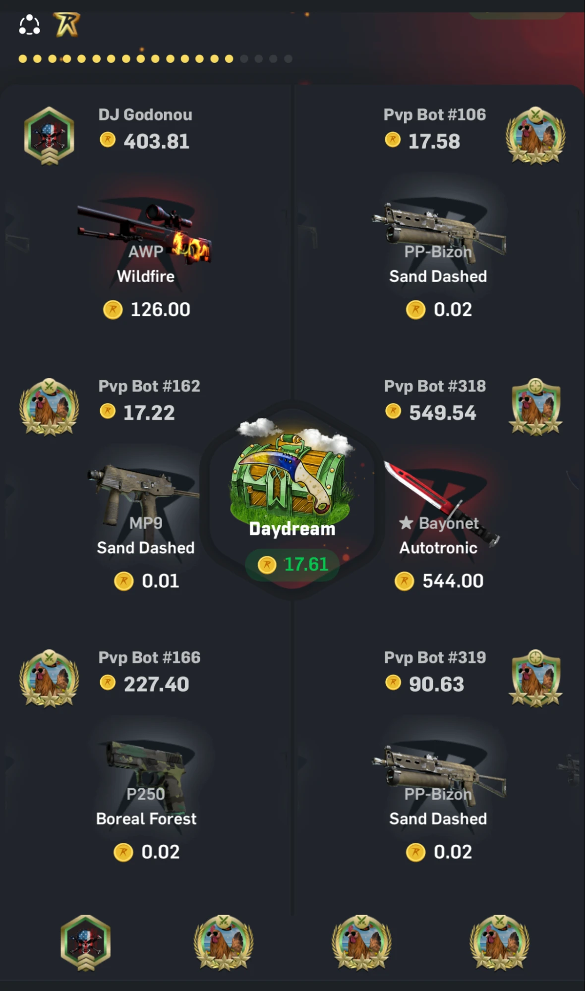 CSGORoll Case Battle on mobile showing a Daydream case with multiple players and PvP bots, displaying unboxed skin values ranging from 0.01 to 549.54 coins