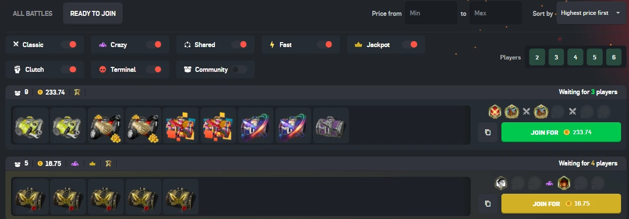CSGORoll Case Battles lobby showing mode filters Classic, Crazy, Shared, Jackpot, Clutch, Terminal, player count options from 2 to 6, and active battles waiting for players