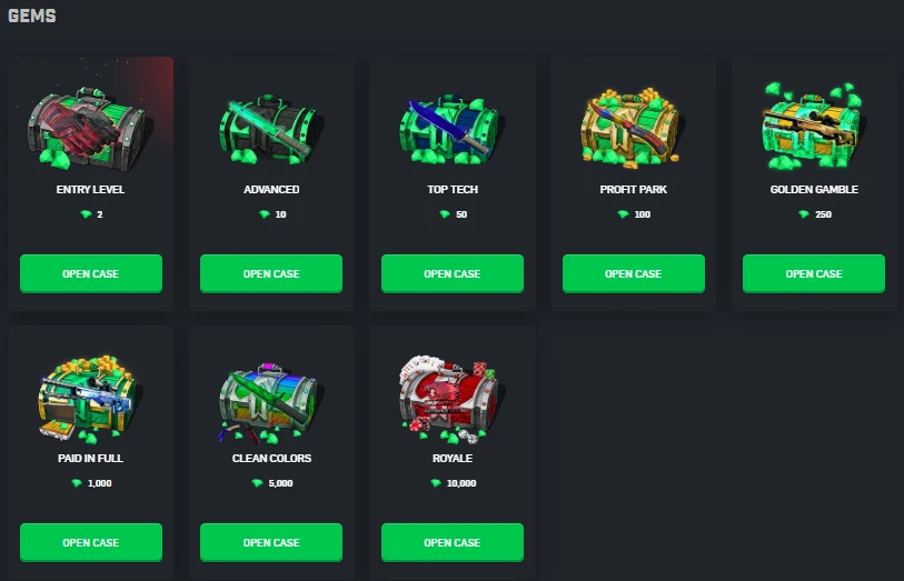 CSGORoll Gem Store showing 8 exclusive cases from Entry Level at 2 gems to Royale at 10,000 gems, purchasable with gems earned through gameplay