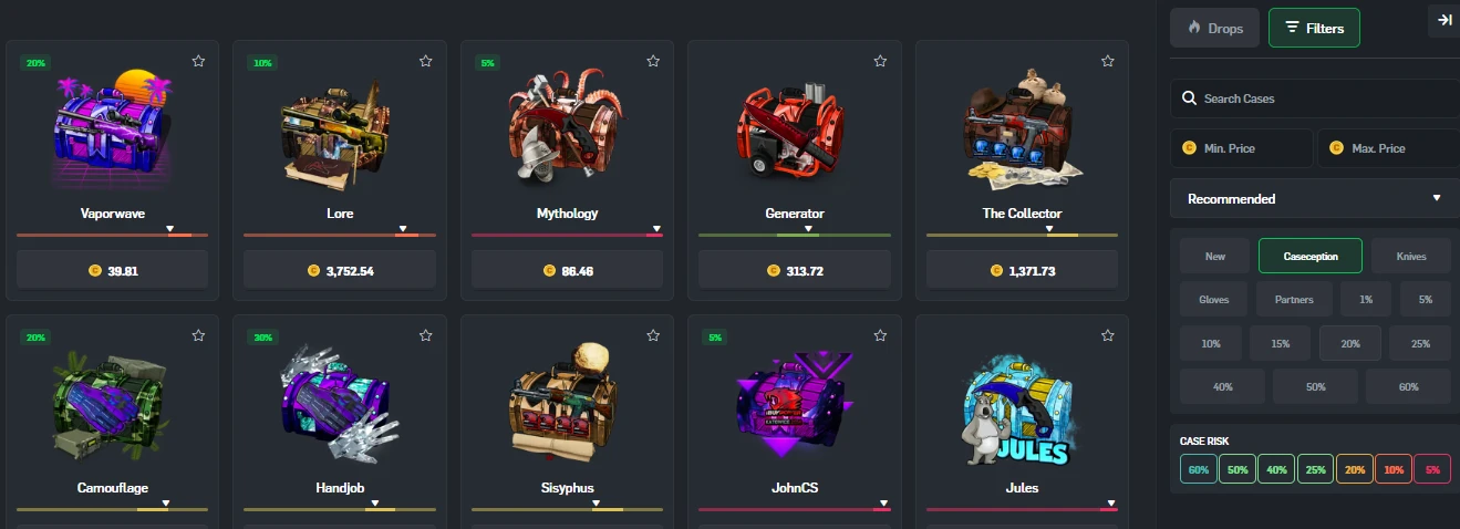 CSGORoll case opening page showing cases like Vaporwave, Lore, and Mythology with filters for Caseception, risk levels, price range, and category tags including Knives and Partners