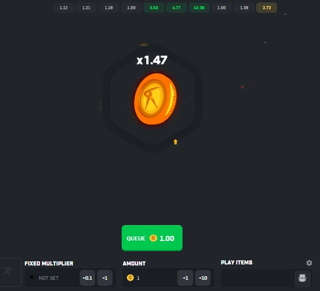 CSGORoll Crash game showing a coin animation at x1.47 multiplier with a 1.00 coin bet queued, fixed multiplier settings, and recent round history displayed at the top