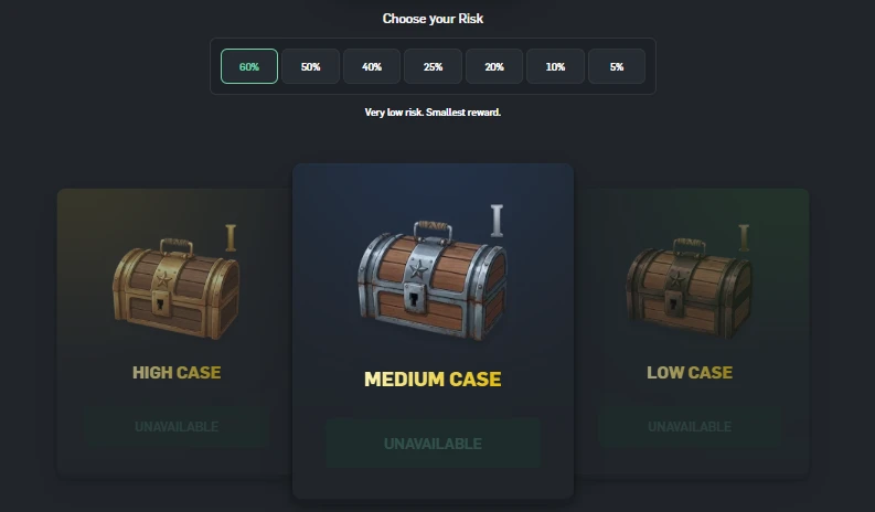 CSGORoll daily case selection screen showing High, Medium, and Low case tiers with a risk slider ranging from 5% to 60%