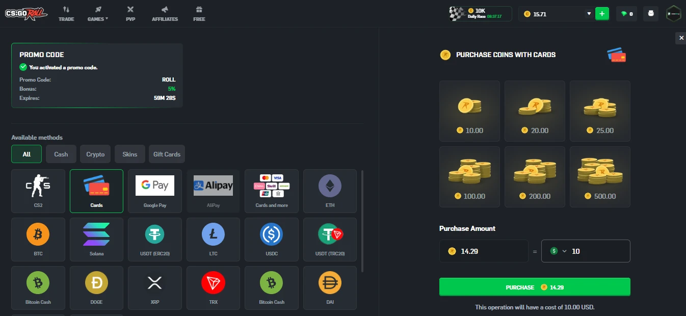 CSGORoll deposit page showing a 10 dollar purchase yielding 15.71 coins confirming the 10% welcome bonus, with an active promo code ROLL giving 5% on future deposits