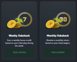 CSGORoll Weekly and Monthly Rakeback cards both showing Tier Locked status, requiring higher rank progression to unlock