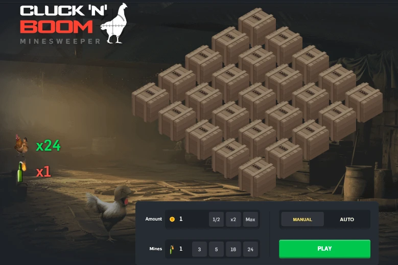 CSGORoll Cluck N Boom Mines game featuring a CS2-themed 5x5 grid with chickens and molotov bombs, manual and auto play modes, and mine count options from 1 to 24