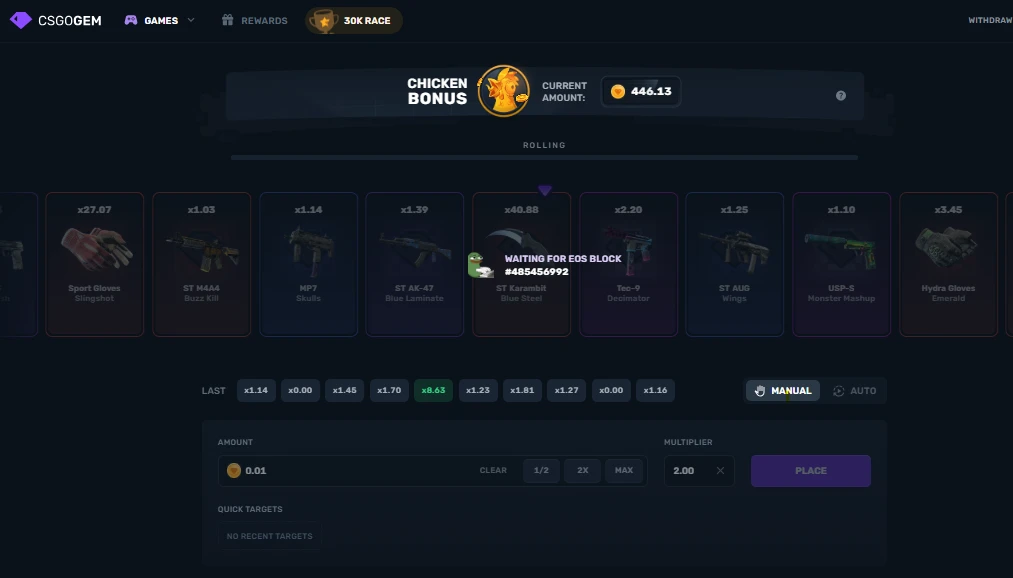 CSGOGem Slide game mid-round with CS2 skin reel, Chicken Bonus jackpot at 446 coins, and EOS block verification