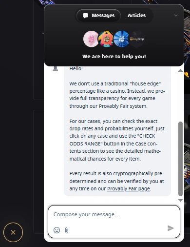 KeyDrop live support chat deflecting a house edge question by redirecting to the Provably Fair system instead of providing actual percentage figures
