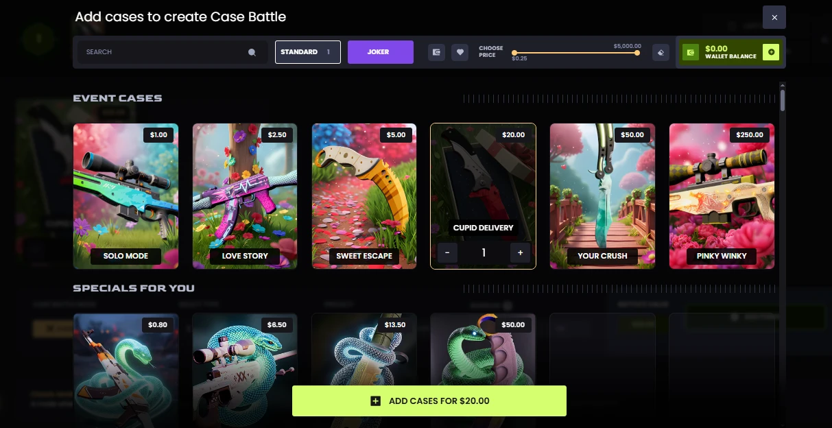 KeyDrop Case Battle creation screen showing Standard and Joker mode tabs, Event Cases ranging from 1 to 250 dollars, and a price slider filter up to 5,000 dollars