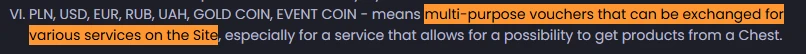 KeyDrop Terms of Service excerpt highlighting that all site currencies (PLN, USD, EUR, RUB, UAH, Gold Coin, Event Coin) are defined as multi-purpose vouchers exchangeable for services