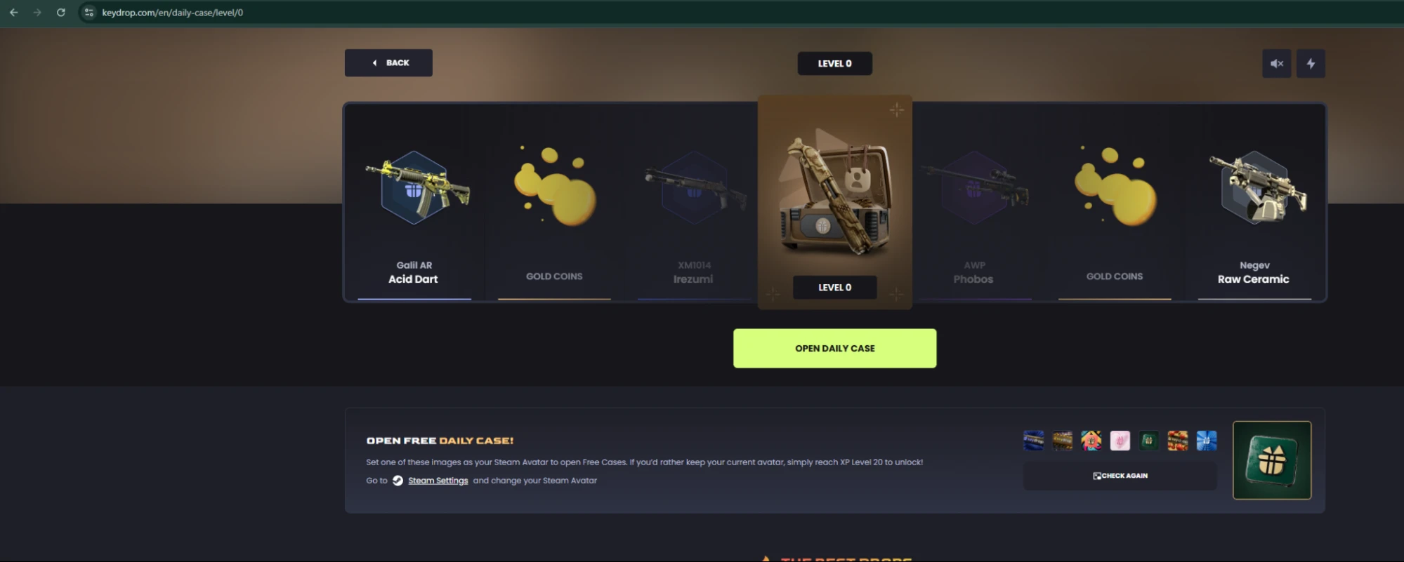 KeyDrop Level 0 Daily Case page showing available skin rewards and the requirement to set a KeyDrop-branded Steam avatar to unlock free daily cases