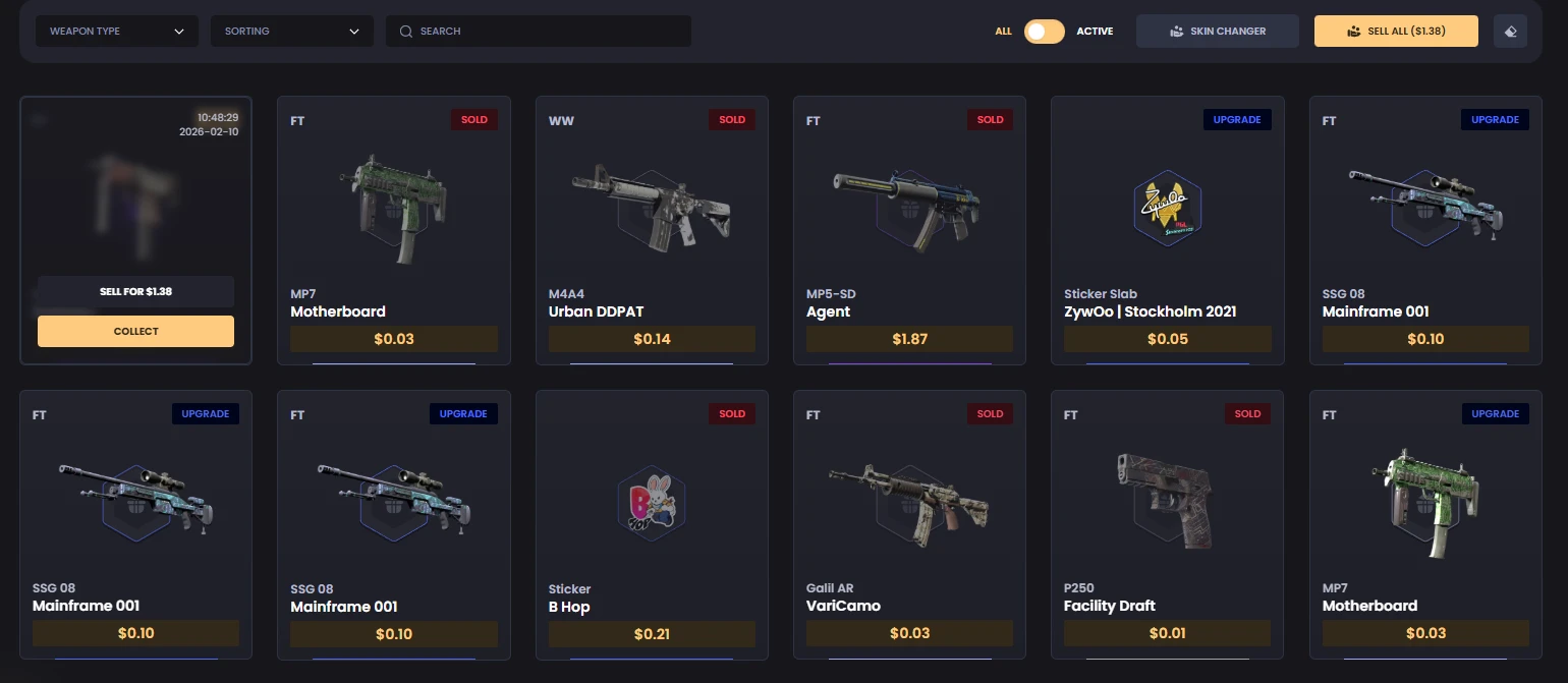 KeyDrop user inventory showing won skins with Collect, Sell For, Upgrade, and Sold status options, plus a Skin Changer button and Sell All for 1.38 dollars option