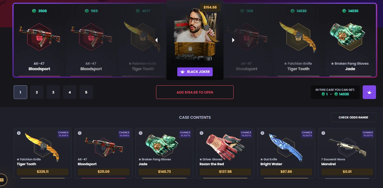 KeyDrop BLACK Joker case at 154.68 dollars showing evenly distributed drop chances of about 16.67% each across all items, contrasting with Normal mode skewed odds