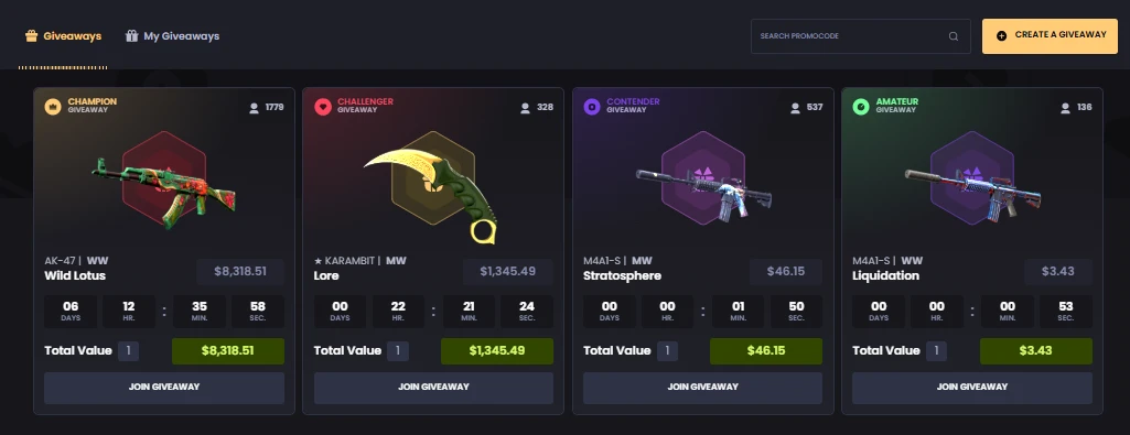 KeyDrop Giveaways page showing tiered giveaways from Champion 8,318 dollar AK-47 Wild Lotus to Amateur 3.43 dollar M4A1-S, with participant counts and countdown timers