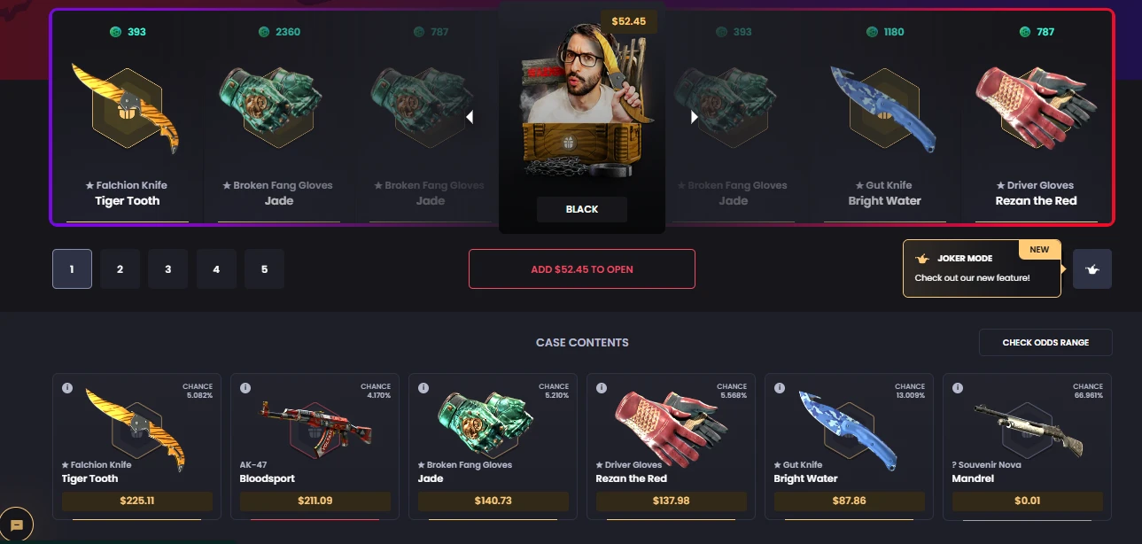 KeyDrop BLACK case in Normal mode at 52.45 dollars showing skewed drop odds with the cheapest item Souvenir Nova Mandrel at 0.01 having a 68.981% chance versus top items at 4-5%