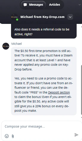 KeyDrop support agent Michael confirming the 0.50 dollar first-time promotion requires a Steam Level 1 account and an active promo code, with a permanent 20% deposit bonus on all top-ups