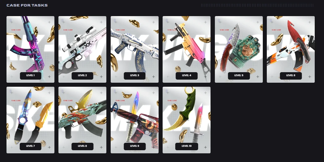 KeyDrop Case for Tasks section showing 10 progressively harder task-based free cases from Level 1 to Level 10, each featuring increasingly valuable knife skins