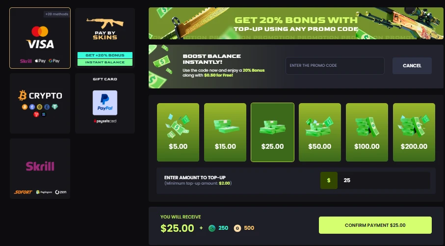 KeyDrop wallet and deposit page showing payment methods including Visa, crypto, Skrill, PayPal, gift cards, and Paysafecard, with a 20% promo code bonus banner