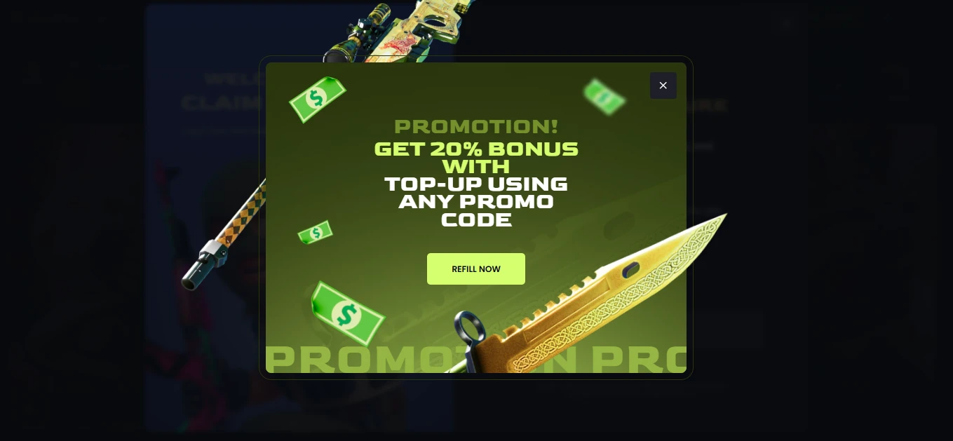 KeyDrop promotional pop-up offering a 20% bonus on deposits when using any promo code, with a Refill Now call-to-action button