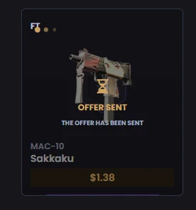 KeyDrop withdrawal confirmation showing a MAC-10 Sakkaku at 1.38 dollars with Offer Sent status confirming the Steam trade offer was processed