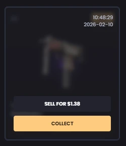 KeyDrop inventory item showing a skin won on 2026-02-10 with Sell For 1.38 dollars and Collect withdrawal options available