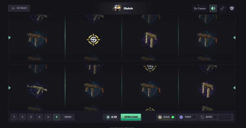 SkinRave case opening interface with 8 Clutch cases opened simultaneously showing CS2 skin results and Rave mode toggle