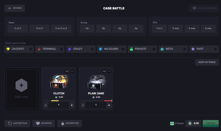 SkinRave Case Battle creation screen with Team, Group, and FFA formats plus Jackpot and Wildcard mode selectors