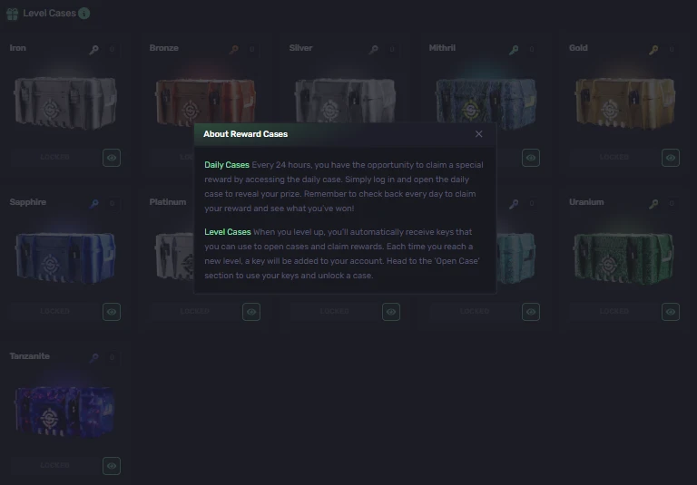 SkinRave Level Cases page showing Iron through Tanzanite tiers with a popup explaining Daily and Level Case mechanics