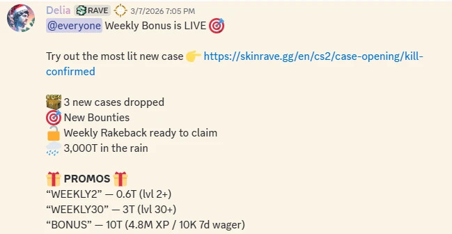 SkinRave Discord announcement listing weekly promo codes, new cases, rakeback, and a 3,000-token rain drop