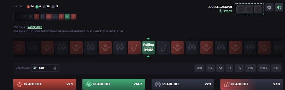 SkinRave Double roulette mid-round with EOS block verification, rolling timer, and 2.1x/14.7x/7x payout buttons