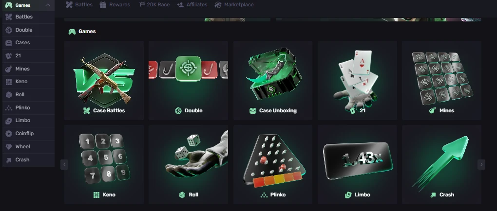 SkinRave games lobby displaying all 10 modes including Case Battles, Double, Mines, Keno, Plinko, and Crash