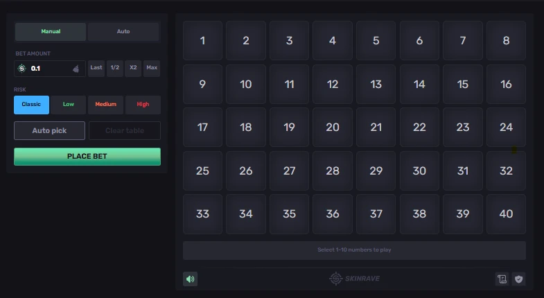 SkinRave Keno board with 40 selectable numbers, Classic through High risk modes, and manual or auto play options