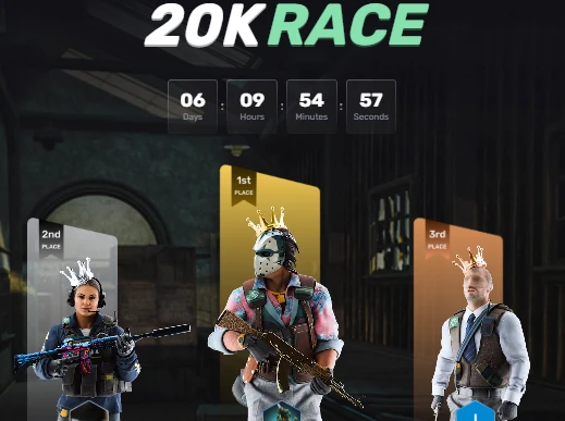 SkinRave 20K Race leaderboard showing top 3 players with CS2 avatars and a countdown timer