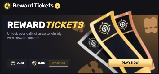 SkinRave Reward Tickets widget with an 8-hour countdown timer and a Play Now prompt