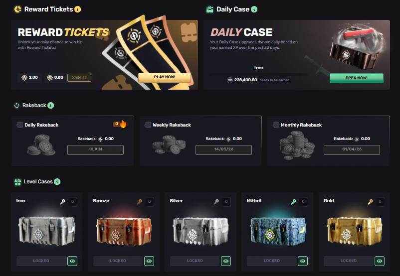 SkinRave full rewards dashboard showing Reward Tickets, Daily Case, daily/weekly/monthly Rakeback, and locked Level Cases