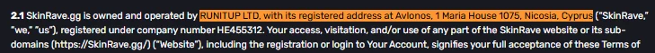 SkinRave Terms of Service excerpt confirming RUNITUP LTD ownership registered in Nicosia, Cyprus under HE455312