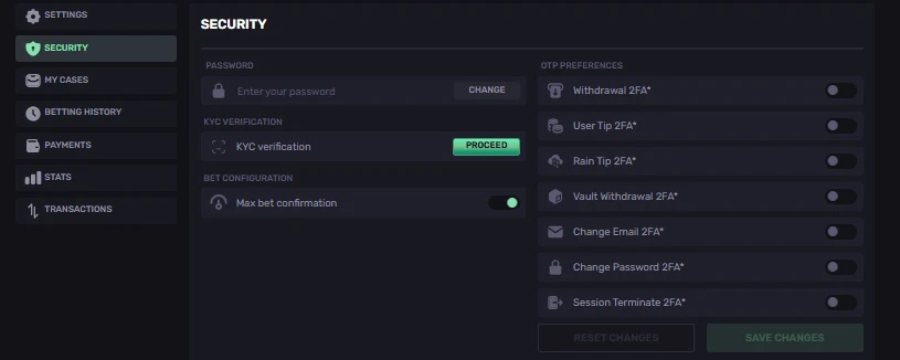 SkinRave security settings with granular 2FA toggles for withdrawals, tips, vault access, email, and password changes