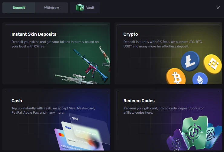 SkinRave deposit wallet showing four methods: Instant Skin Deposits, Crypto, Cash via Visa and PayPal, and Redeem Codes